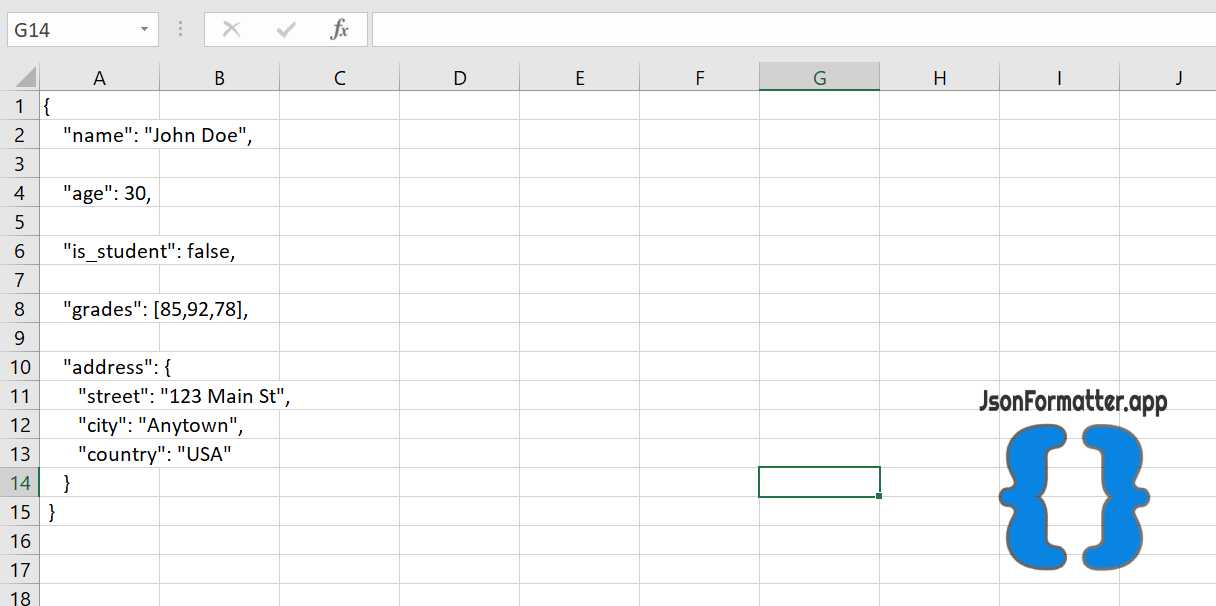 json opened in excel